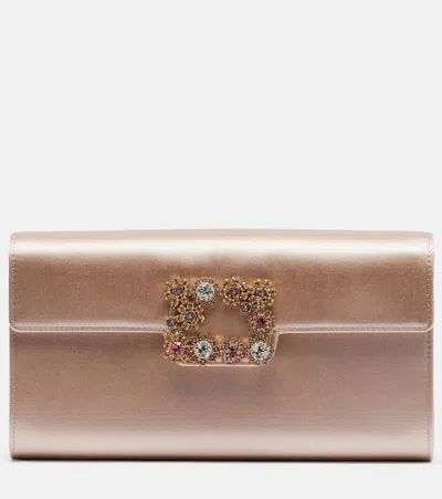 Roger Vivier Efflorescence Embellished Satin Clutch In Brown