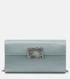 Roger Vivier Flower Buckle Envelope Flap Satin Clutch Bag In Piombo Chiaro