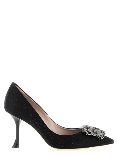 Roger Vivier Satin Embellished Rv Bouquet Strass Buckle Pumps 85 In Black