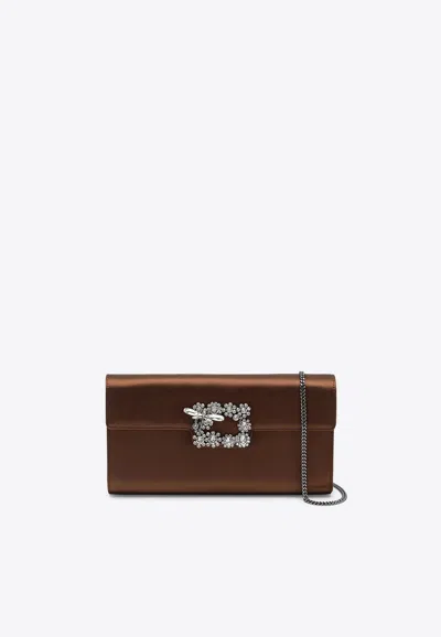 Roger Vivier Efflorescence Satin Clutch In Brown