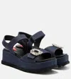 Roger Vivier Embellished Denim Wedge Sandals In Blue