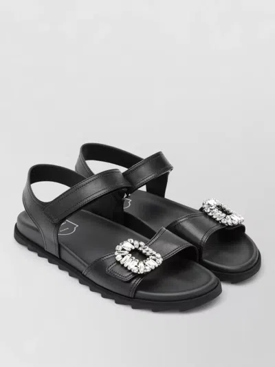 Roger Vivier Black Leather Sandals With Crystal Buckle In Multi