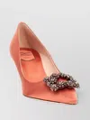 Roger Vivier Embellished Satin Pointed Toe Kitten Heel Pumps