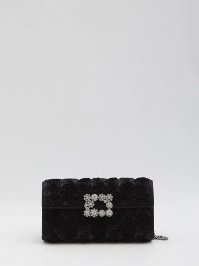 Roger Vivier Envelope Flap Flower Buckle Clutch In Black