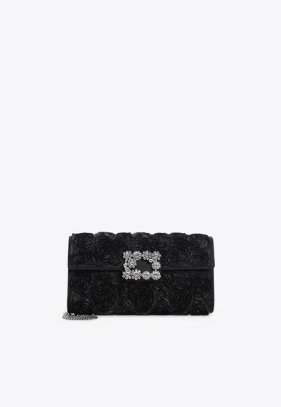 Roger Vivier Envelope Flap Rose Flower Buckle Shoulder Bag In Black