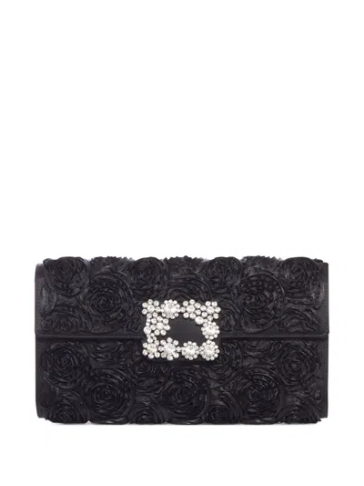Roger Vivier Envelope Flower Buckle Clutch In Black