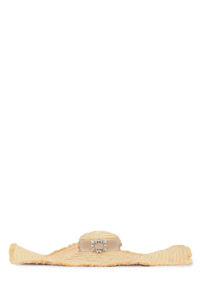 Roger Vivier Extra Raffia Hat With Statement Brooch Detail In Nude