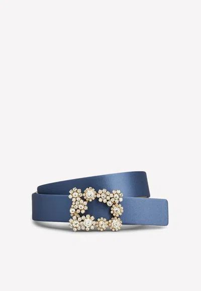 Roger Vivier Floral Crystal Buckle Belt In Satin In Blue