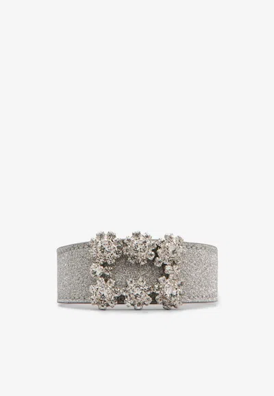 Roger Vivier Floral Crystal Buckle Bracelet In Glitter Fabric