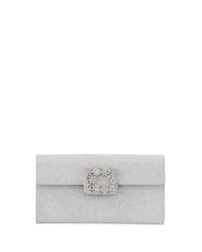 Roger Vivier Floral Crystal-buckle Glitter Fabric Envelope Clutch Bag In Silver