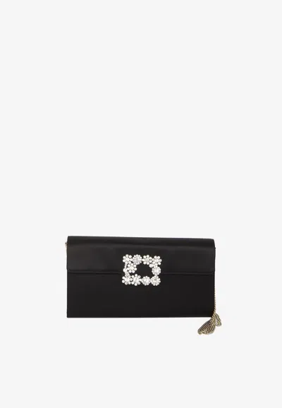 Roger Vivier Flower Buckle Satin Clutch In Black