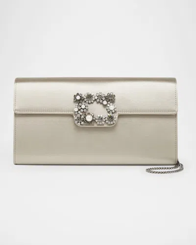 Roger Vivier Flower Buckle Satin Envelope Flap Bag In Gray