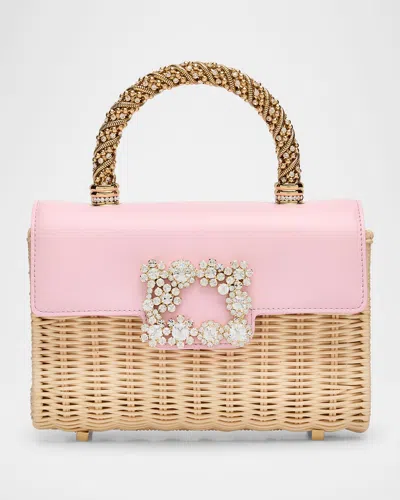 Roger Vivier Flower Strass Bamboo Wicker Shoulder Bag In Pink
