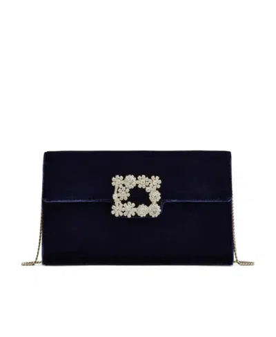 Roger Vivier Flower Strass Buckle Clutch Bag In Velvet In Black