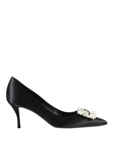 Roger Vivier Flower Strass Buckle Satin Pumps In Black