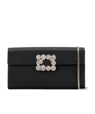 Roger Vivier Flower Strass Buckled Clutch In Black