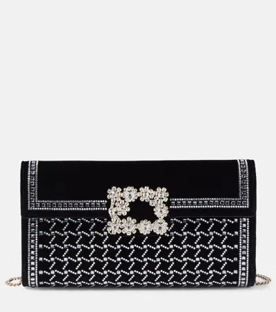 Roger Vivier Flower Strass Embellished Velvet Clutch In Black