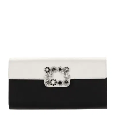 Roger Vivier Flower Strass Envelope Clutch Bag In Black