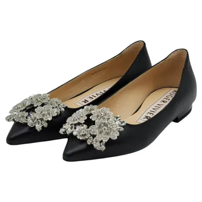 Pre-owned Roger Vivier Flower Strass Leather Ballet Flats Leather In Black