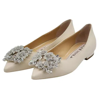 Pre-owned Roger Vivier Flower Strass Leather Ballet Flats Leather In Ivory Size 5 In White