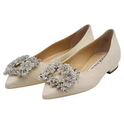 Pre-owned Roger Vivier Flower Strass Leather Ballet Flats Leather In Ivory In White