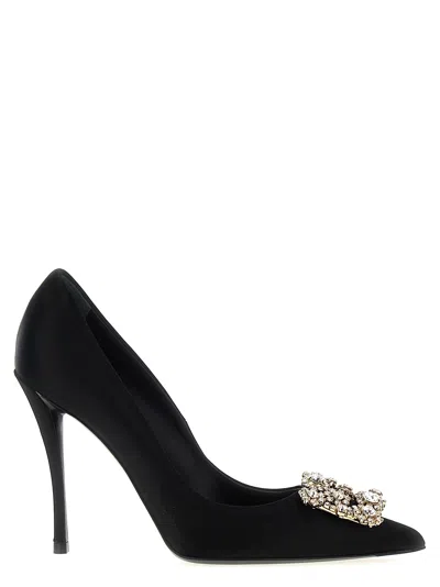 Roger Vivier Flower Strass Satin Pumps In Black