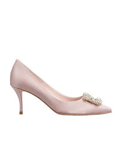 Roger Vivier Flower Strass Silk Satin Rhinestones Buckle High Heels In Nude