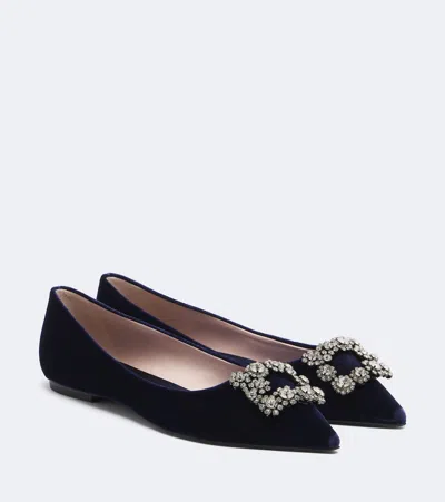 Roger Vivier Flower Strass Velvet Ballet Flats In Blue