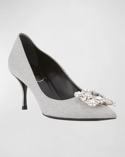 Roger Vivier Glitter Fabric Flower-crystal Buckle Pumps In Silver