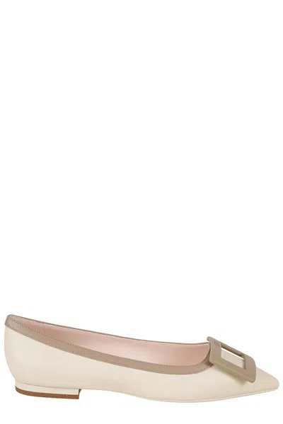 Roger Vivier Gommettine Buckle Pointed Toe Flat In Beige