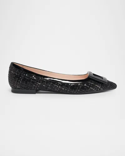 Roger Vivier Gommettine Sequined Tweed Ballet Flats In Black