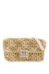 ROGER VIVIER GREY RAFFIA CLUTCH WITH CRYSTAL BUCKLE AND REMOVABLE CHAIN STRAP FOR WOMEN