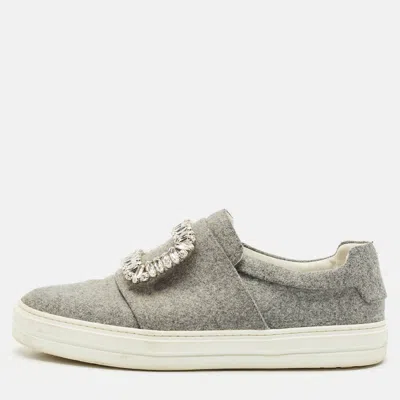 Pre-owned Roger Vivier Grey Wood Crystal Embellished Slip On Sneakers Size 38