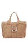 Roger Vivier Mini Leather Tote Bag With Shearling Trim In Neutral