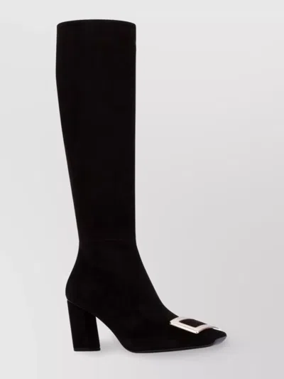 Roger Vivier Heel Knee Buckle Suede Boots In Black