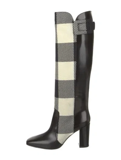 Pre-owned Roger Vivier Houndstooth Print Leather Trim Embellishment Riding Boots In Black