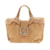 Roger Vivier Mini Leather Tote Bag With Shearling Trim In Sand