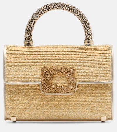 Roger Vivier Jewel Efflorescence Mini Straw Tote Bag In Sand