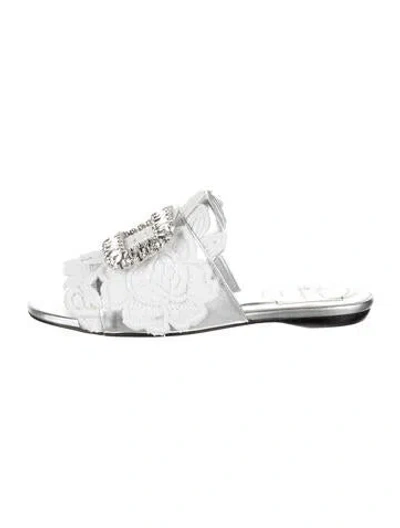 Pre-owned Roger Vivier Lace Pattern Crystal Embellishments Slides W/ Tags In Silver