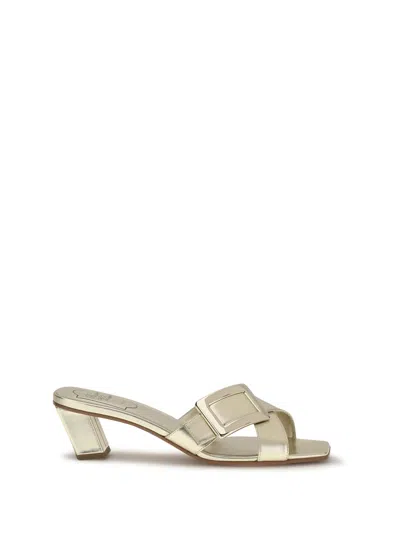 Roger Vivier Laminated Leather Block Heel Mule Sandal In Gold