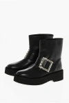 Roger Vivier Leather Biker Booties With Jeweled Buckle In Black