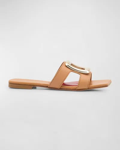 ROGER VIVIER LEATHER BUCKLE FLAT SLIDE SANDALS