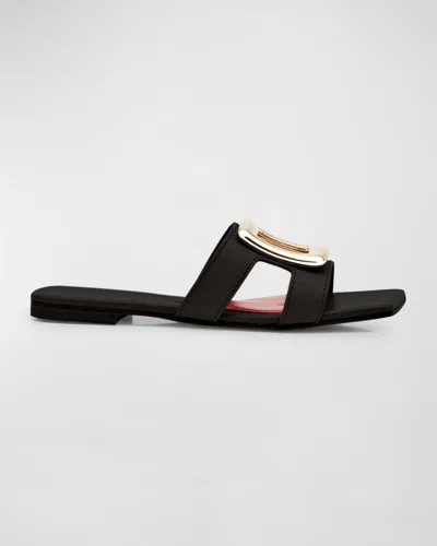 ROGER VIVIER LEATHER BUCKLE FLAT SLIDE SANDALS