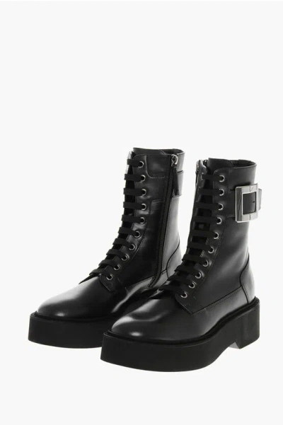 Roger Vivier Leather Combat Booties With Ankle Strap And Buckle In Black
