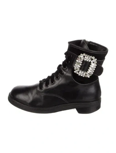 Pre-owned Roger Vivier Leather Crystal Embellishments Combat Boots In Black