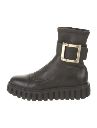 Pre-owned Roger Vivier Leather Crystal Embellishments Combat Boots In Black