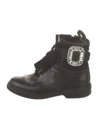 Pre-owned Roger Vivier Leather Crystal Embellishments Combat Boots In Black