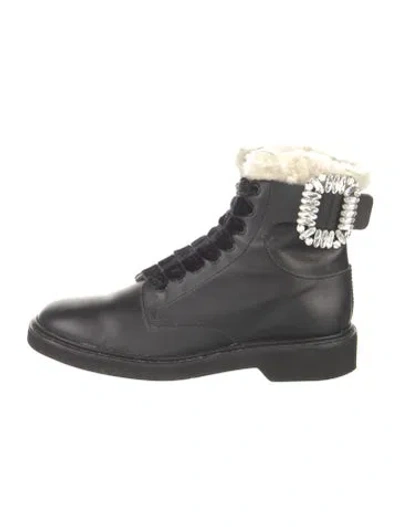 Pre-owned Roger Vivier Leather Crystal Embellishments Combat Boots In Black