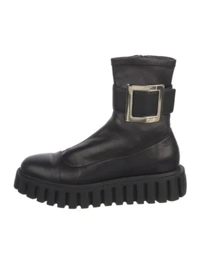Pre-owned Roger Vivier Leather Crystal Embellishments Combat Boots In Black
