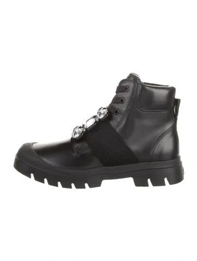 Pre-owned Roger Vivier Leather Crystal Embellishments Combat Boots In Black